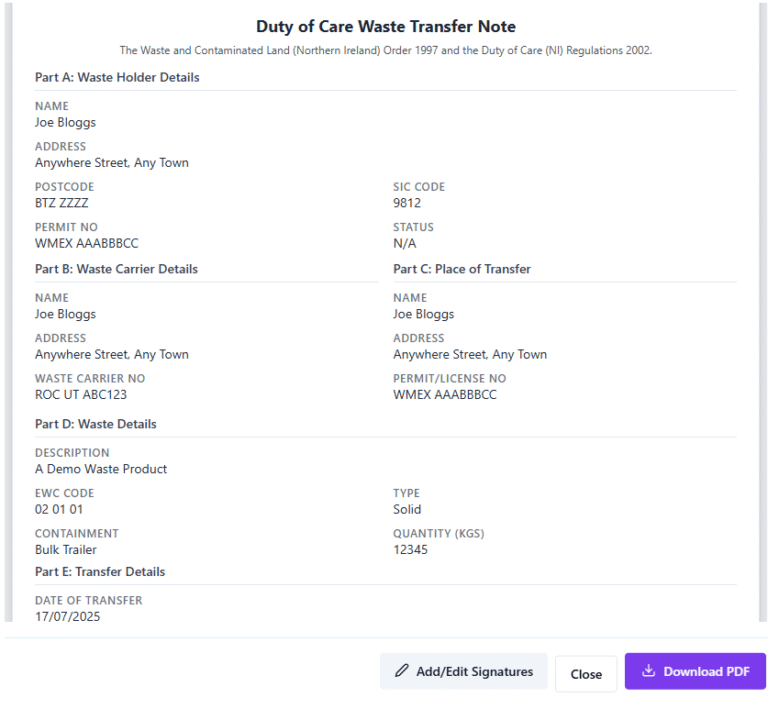 Digital Waste Transfer Notes Example